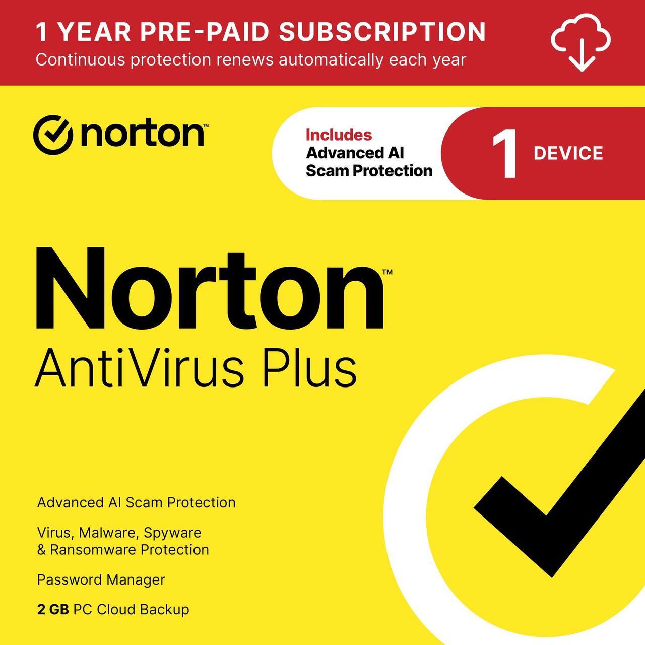 Main image of Norton AntiVirus Plus 2025, Antivirus software for 1 Device with Auto-Renewal – Includes Advanced AI Scam Protection, Password Manager and PC Cloud Backup [Download]
