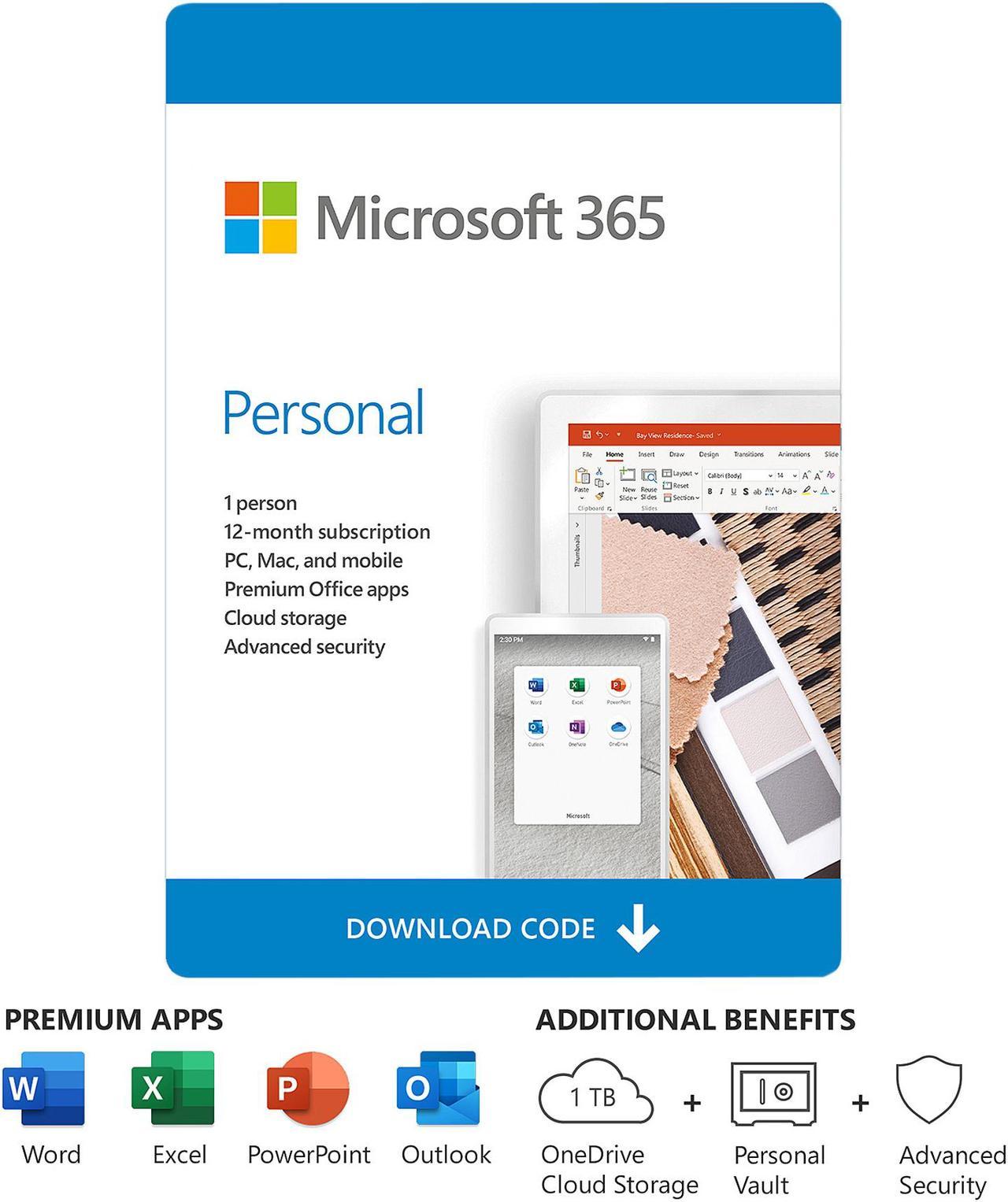 Microsoft 365 Personal, 1 User 1 Year, Premium Office Apps, 1 TB OneDrive Cloud Storage, Bilingual, PC/Mac Download