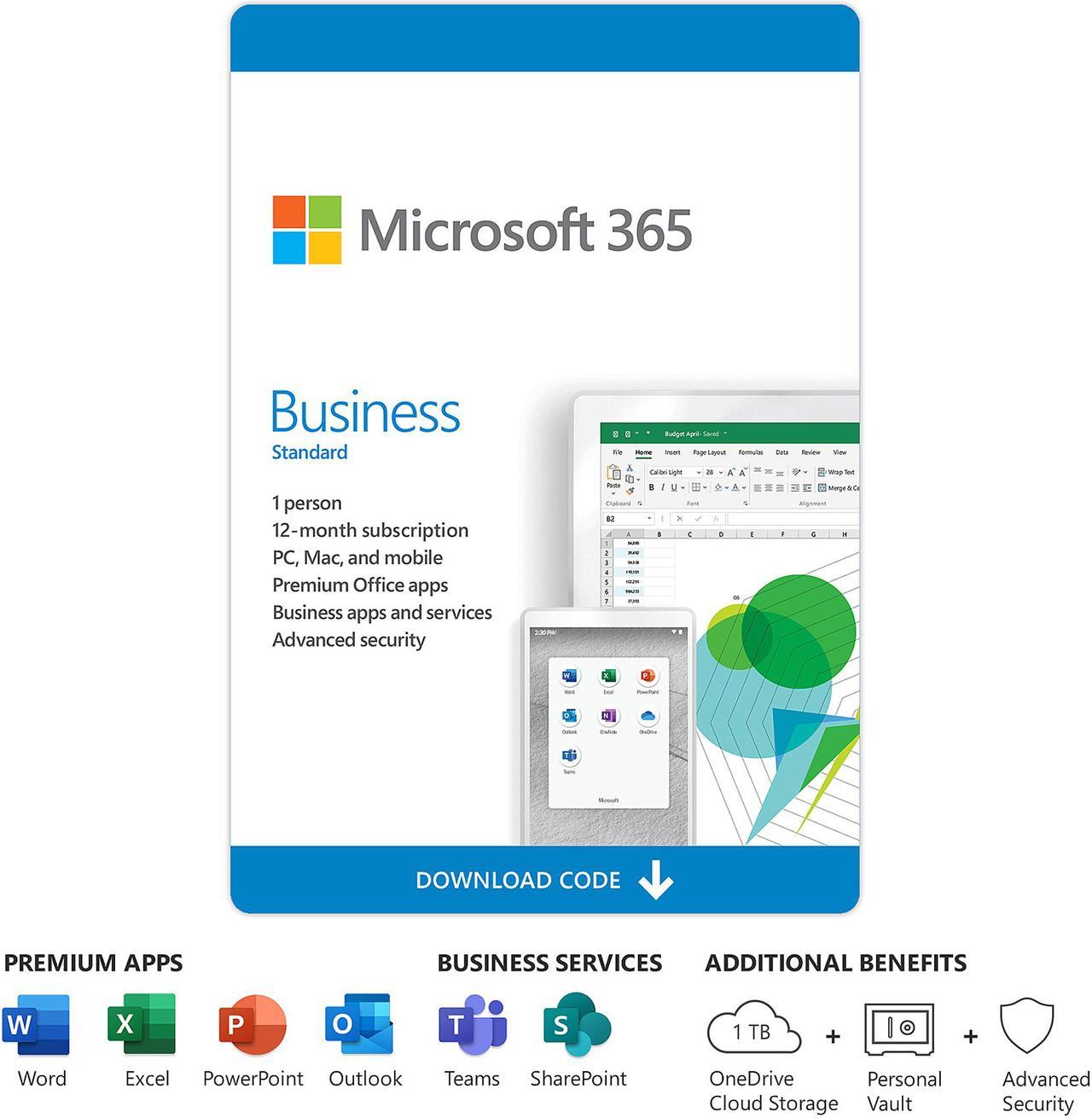 Microsoft 365 Business Standard, 1 User 1 Year, Premium Office Apps, 1 TB OneDrive Cloud Storage, Bilingual, PC/Mac Download