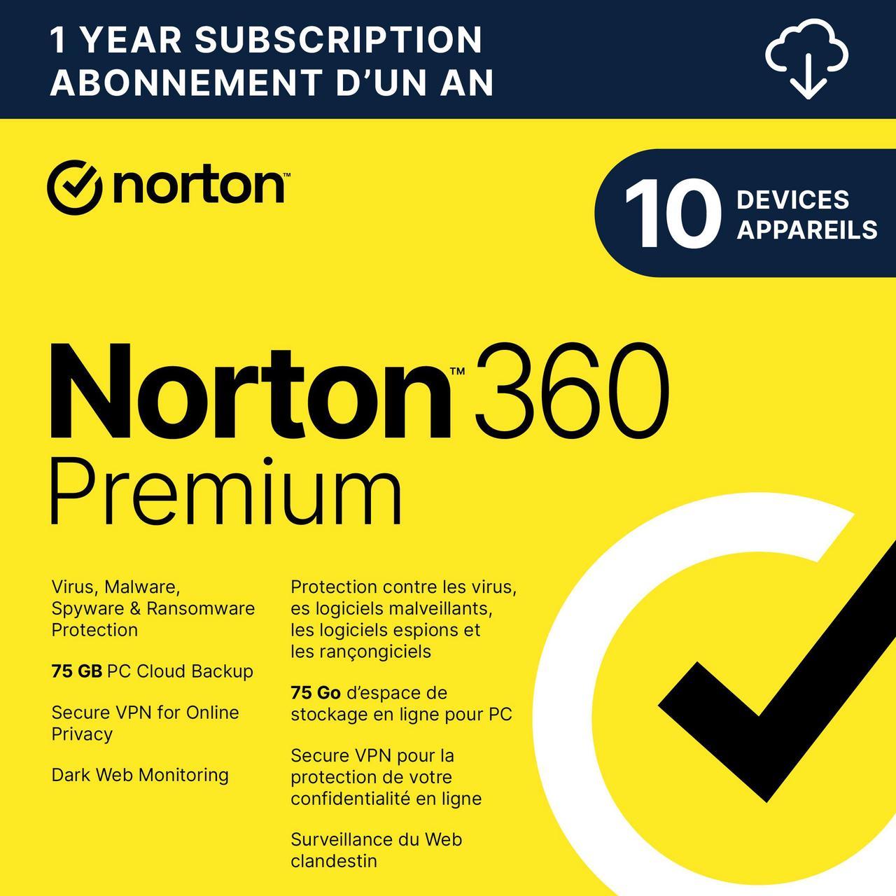 Norton 360 Premium 2024, Antivirus software for 10 Devices - Includes VPN, PC Cloud Backup & Dark Web Monitoring [Download]