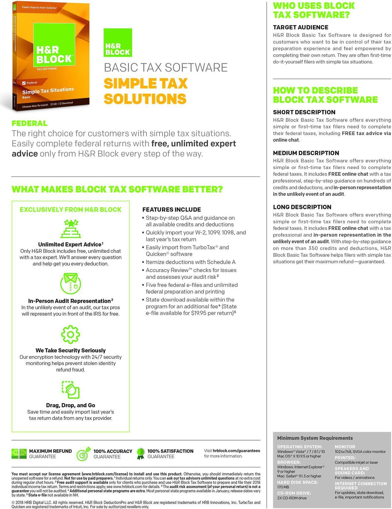 Alt view image 2 of 2 - H&R BLOCK Tax Software Basic 2018 - Federal Only