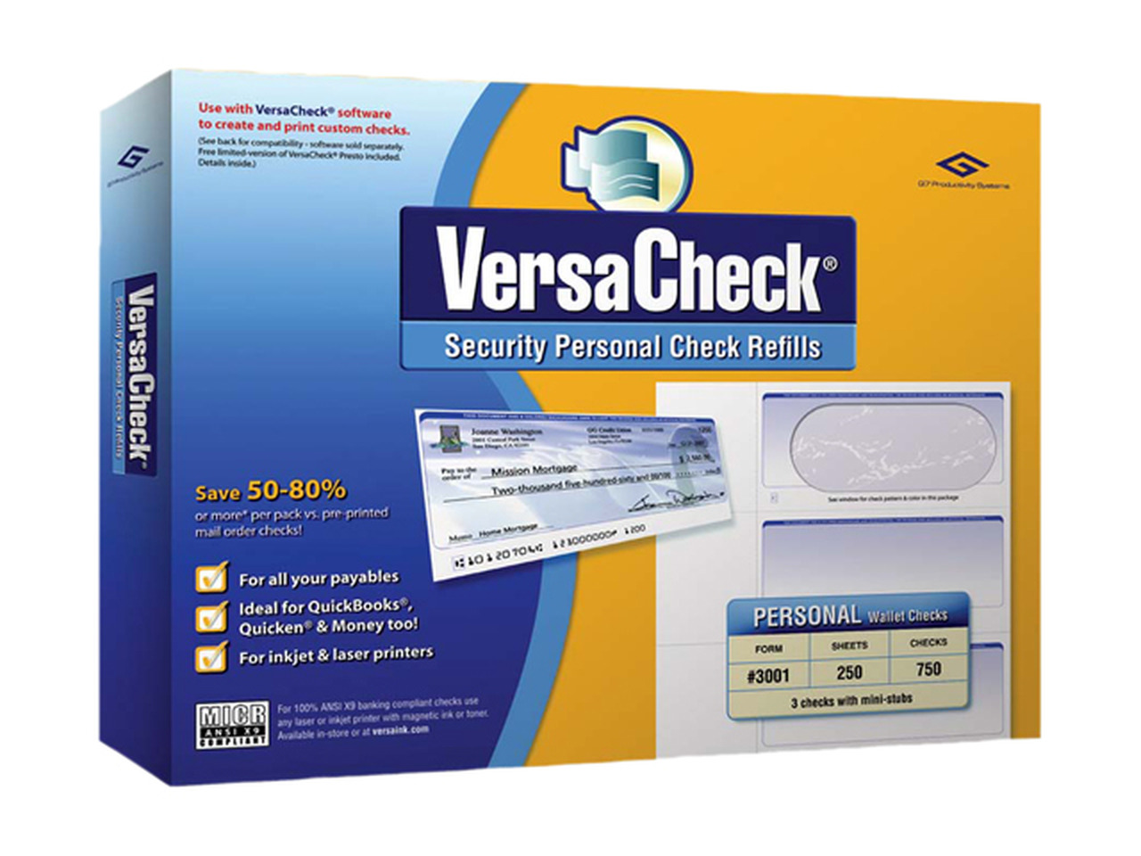VersaCheck Secure Checks - 750 Blank Business/Personal Wallet Checks, Blue Prestige Design