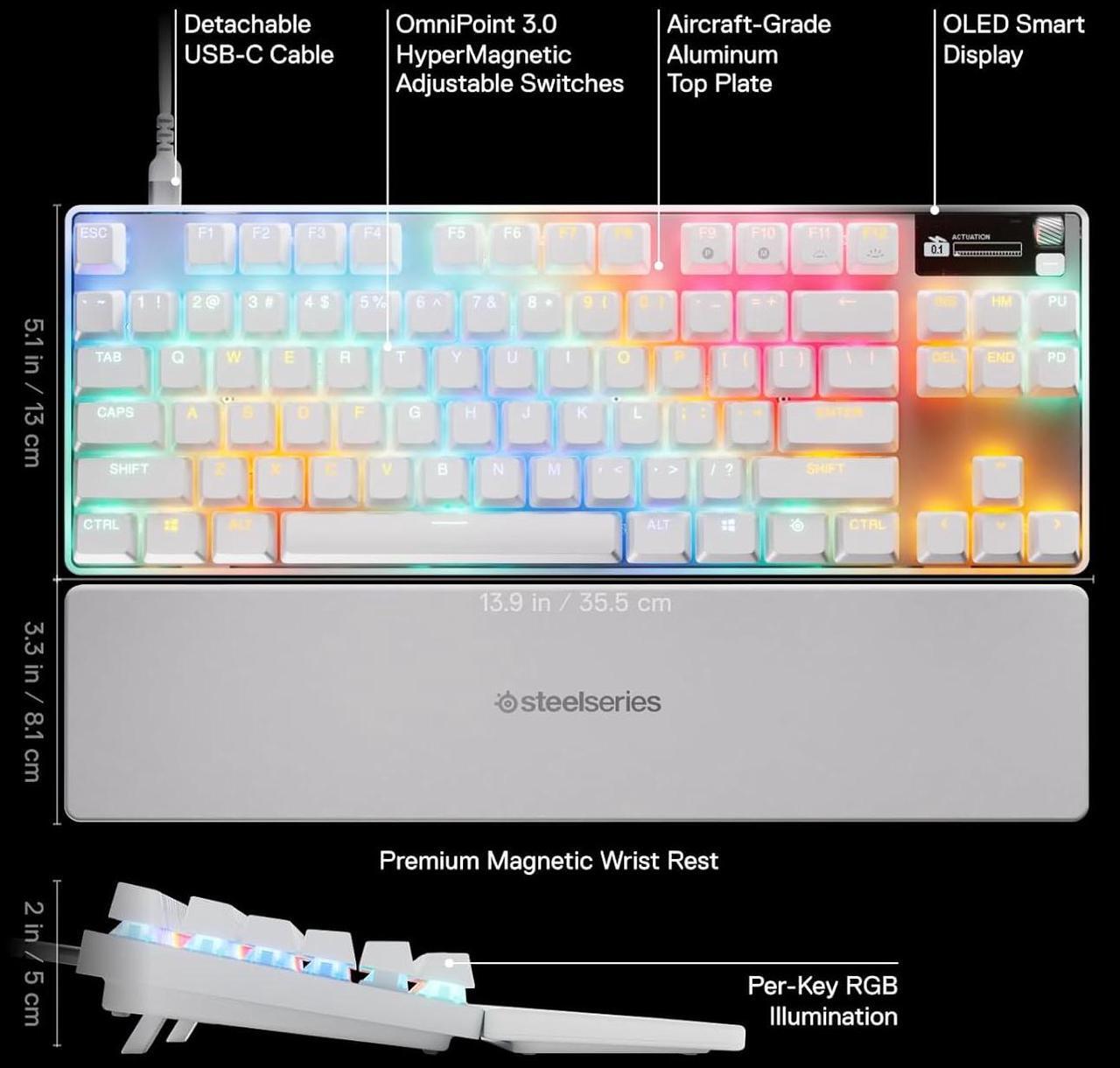 Alt view image 2 of 7 - SteelSeries Apex Pro TKL Gen 3 Gaming Keyboard - OmniPoint 3.0 Switches, Adjustable Actuation, Rapid Trigger, Game-Ready Presets, Rapid Tap/SOCD, OLED RGB, PBT Keycaps, USB-C - White