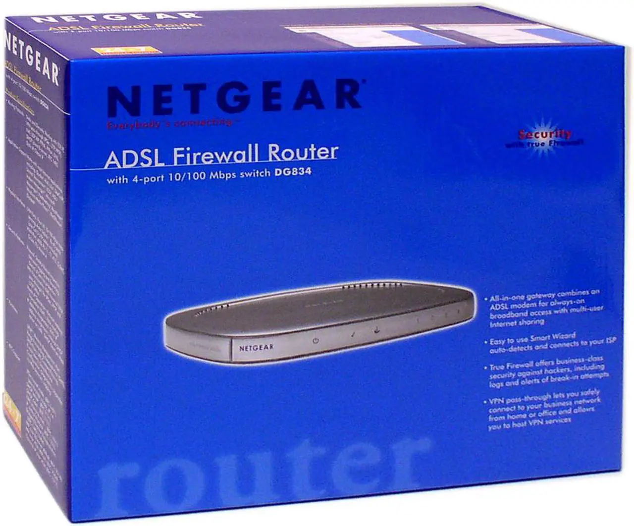 Alt view image 4 of 4 - NETGEAR DG834 ADSL Firewall Router with 4-port 10/100 Mbps Switch ADSL RJ-11, T1.413, G.DMT, G.Lite, ITU Annex A; Annex B version is DG834B WAN Ports Four (4) 10/100 Mbps auto-sensing, Auto Uplink™ RJ-45 ports (one Cat 5 UTP cable included)