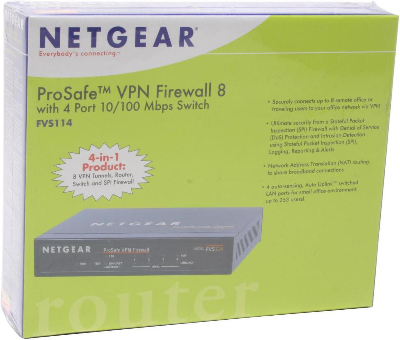 Alt view image 5 of 5 - NETGEAR FVS114 Up to 11.5 Mbps WAN-to-LAN, up to 2.1 Mbps for 3DES throughput LAN ports: Four 10/100 Mbps RJ-45 ports
WAN port: 10/100BASE-T RJ-45 port Firewall 8 with 4-port Switch
