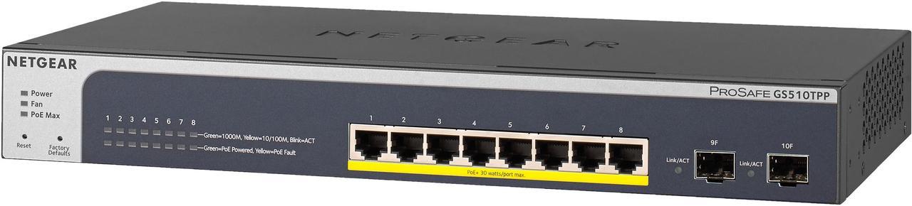 NETGEAR 8-Port Gigabit Ethernet High-Power PoE+ Smart Switch with 2 Dedicated SFP Ports (190W) | GS510TPP