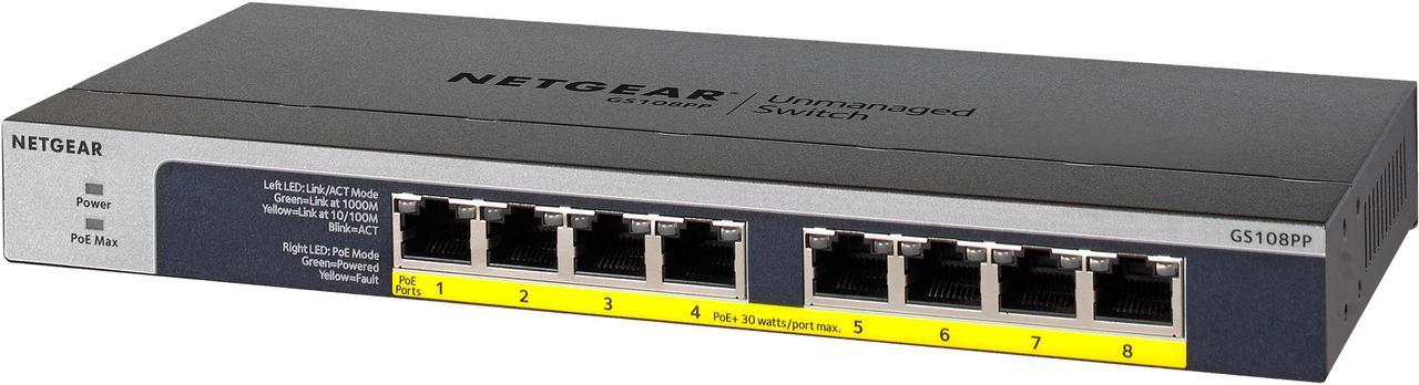 NETGEAR 8-Port Gigabit Ethernet High-power PoE+ Unmanaged Switch with FlexPoE (123W) | GS108PP