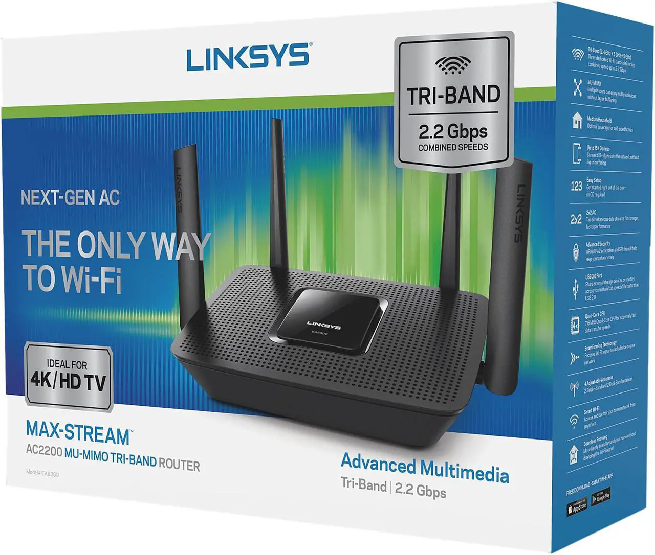 Alt view image 5 of 6 - Linksys EA8300 Max-Stream AC2200 Tri-Band MU-MIMO Wi-Fi Router