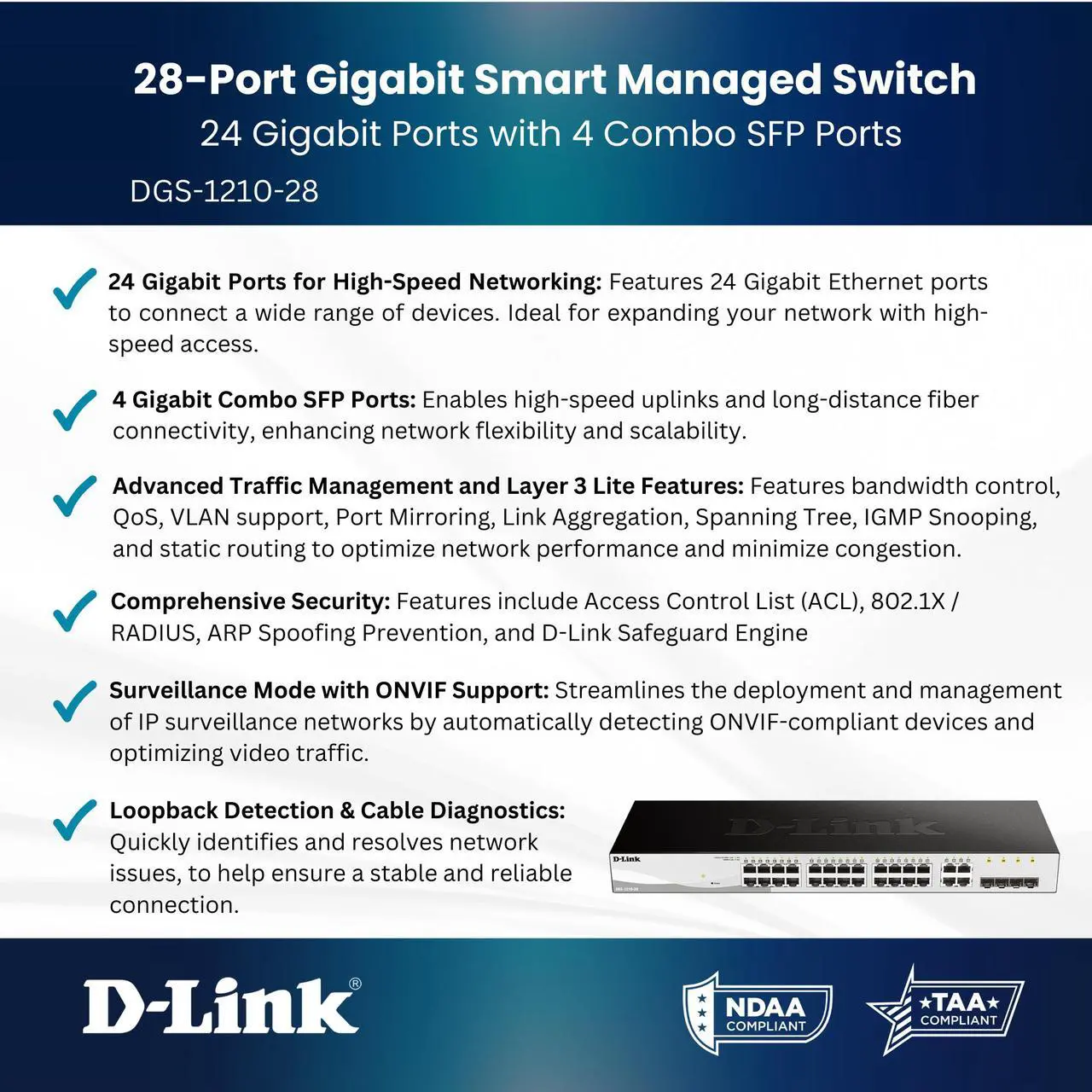 Alt view image 8 of 10 - D-Link 28-Port Gigabit Smart Managed Switch | 24 GbE + 4 Combo SFP Ports| L3 Lite| Surveillance Mode | NDAA/TAA Compliant (DGS-1210-28)