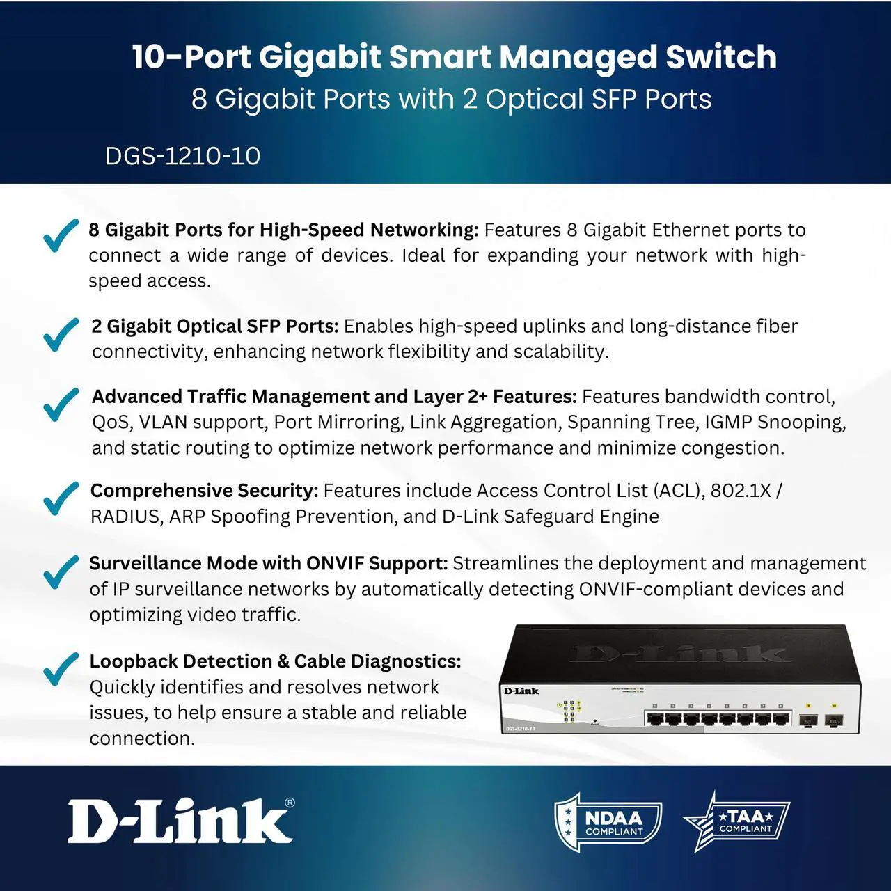 Alt view image 11 of 12 - D-Link 10-Port Gigabit Smart Managed Switch | 8 GbE + 2 Optical SFP Ports | L3 Lite | Surveillance Mode | NDAA/TAA Compliant (DGS-1210-10)