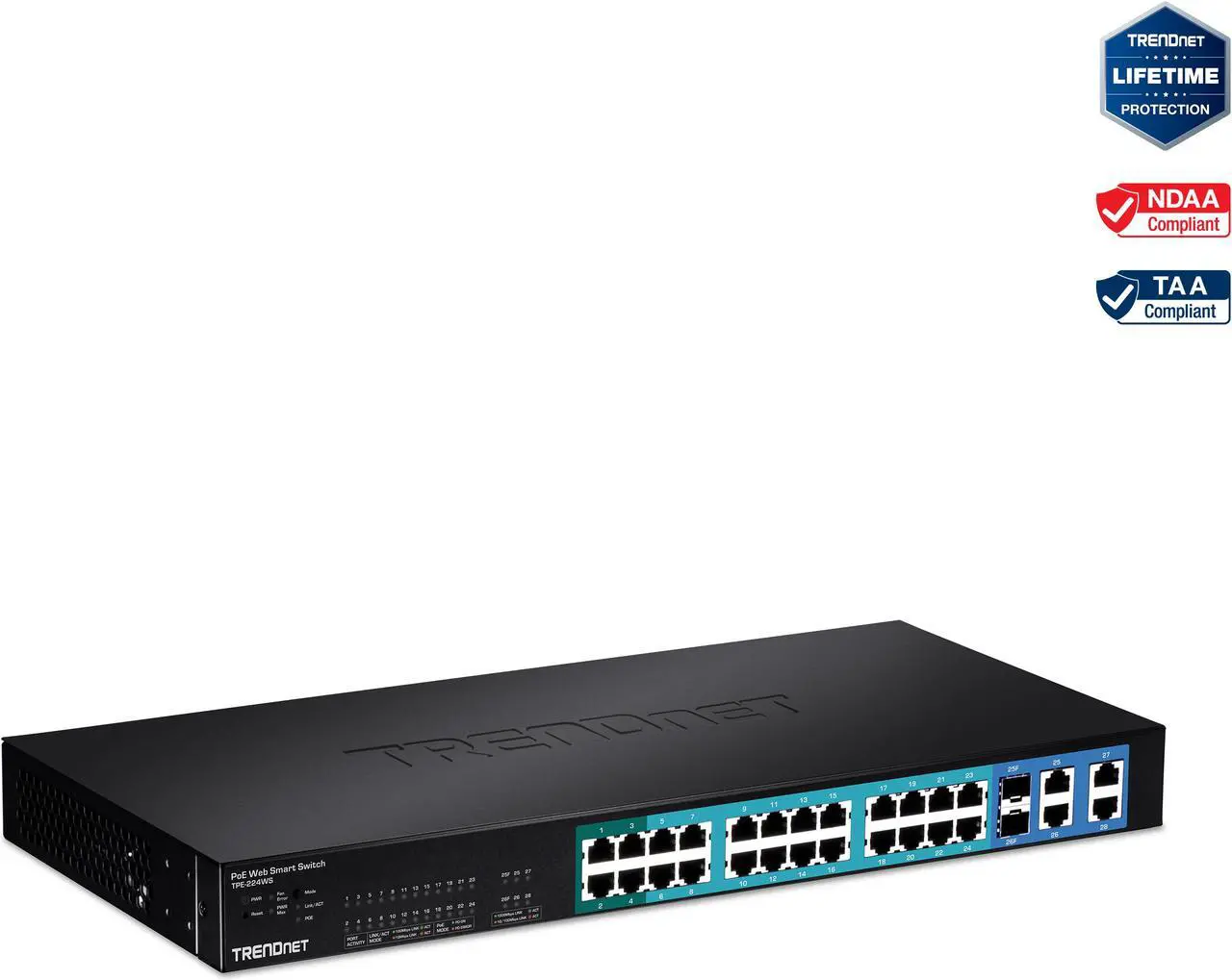 Main image of TRENDnet 28-Port 10/100Mbps Web Smart PoE+ Switch, 20 x PoE Ports, 4 x PoE+ Ports, 2 x Gigabit Ports, 2 x Shared Gigabit Ports (RJ-45 or SFP), Rack Mountable, Lifetime Protection, Black, TPE-224WS