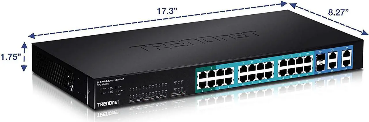 Alt view image 4 of 5 - TRENDnet 28-Port 10/100Mbps Web Smart PoE+ Switch, 20 x PoE Ports, 4 x PoE+ Ports, 2 x Gigabit Ports, 2 x Shared Gigabit Ports (RJ-45 or SFP), Rack Mountable, Lifetime Protection, Black, TPE-224WS