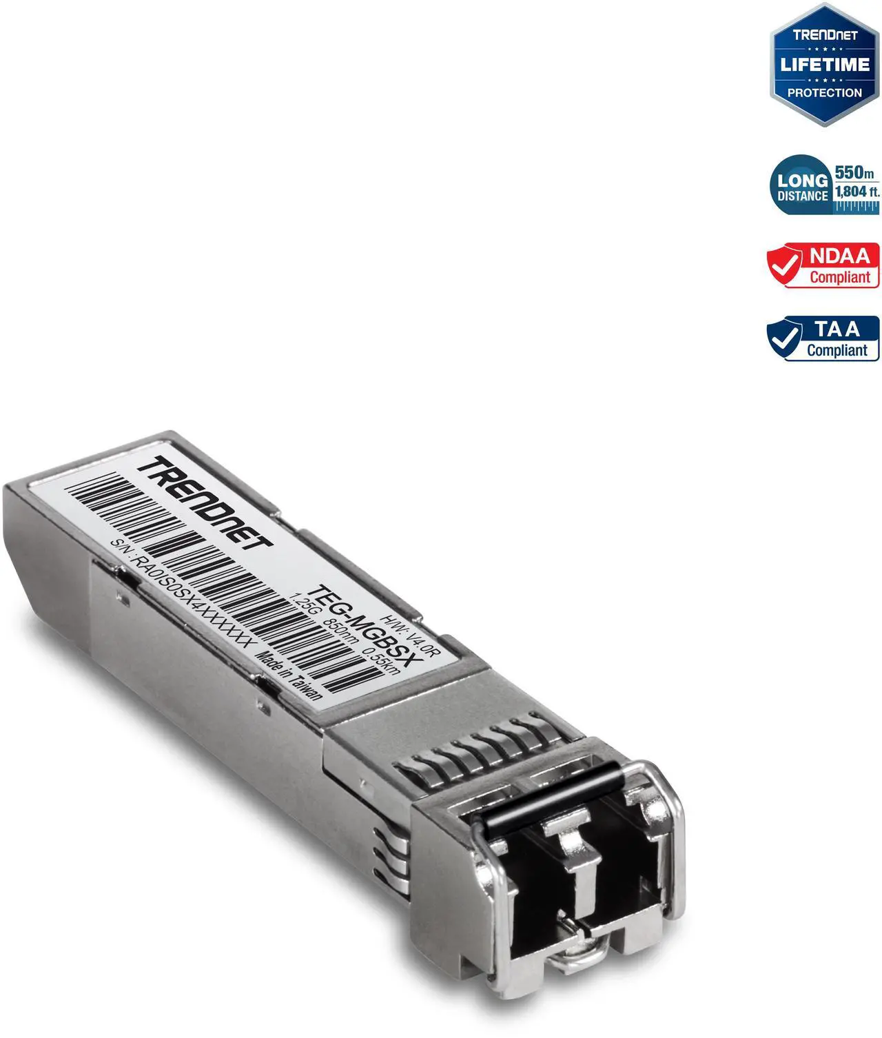 Main image of TRENDnet SFP Multi-Mode LC Module, Up To 550m (1800 ft), Mini-GBIC, Hot Pluggable, IEEE 802.3z Gigabit Ethernet, Supports Up To 1.25 Gbps, Lifetime Protection, Silver, TEG-MGBSX