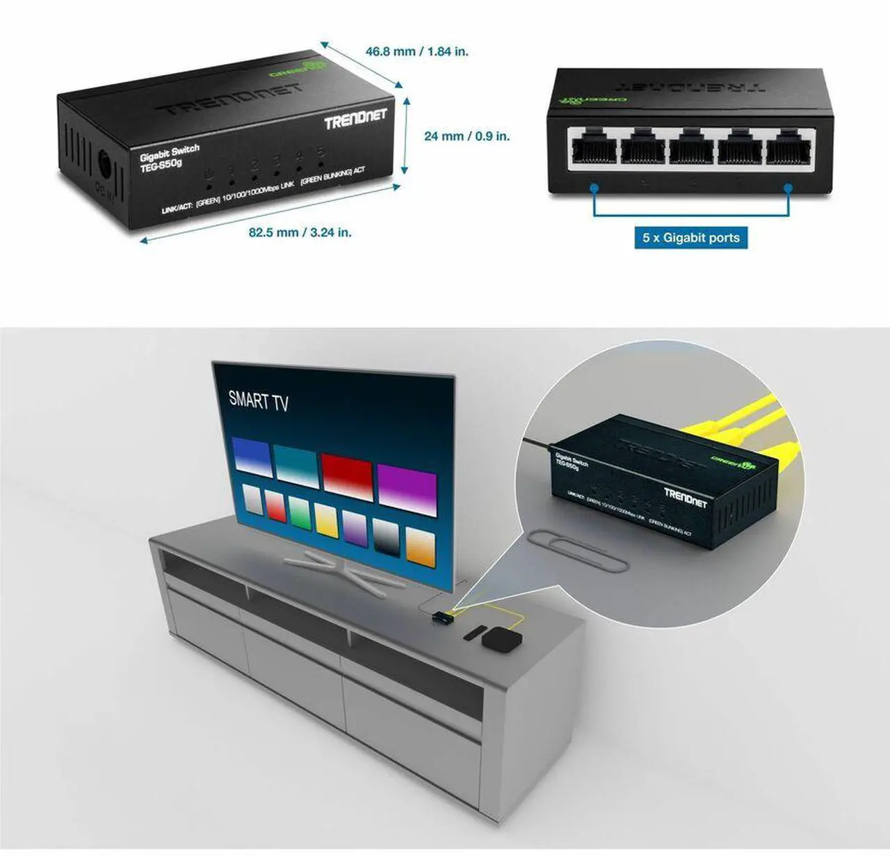 Alt view image 5 of 4 - TRENDnet 5-Port Unmanaged Gigabit GREENnet Desktop Metal Switch, Ethernet-Network Switch, 5 x Gigabit Ports, Fanless, 10 Gbps Switching Fabric, Lifetime Protection, Black, TEG-S50g