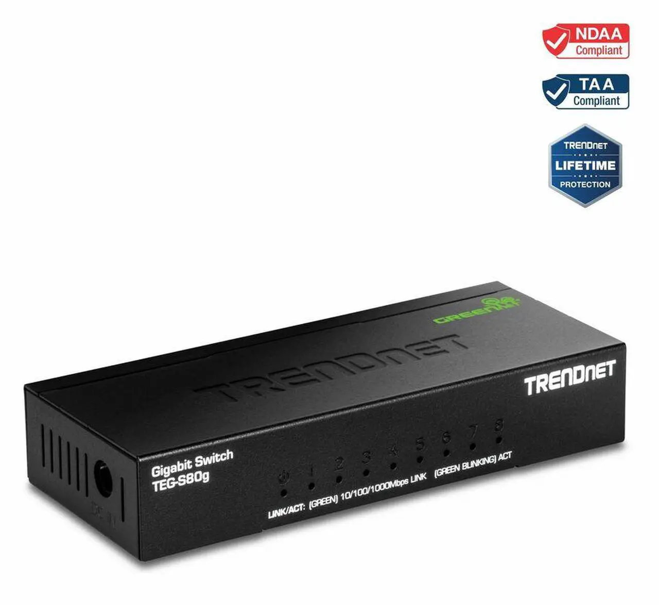 Main image of TRENDnet 8-Port Unmanaged Gigabit GREENnet Desktop Metal Switch, Fanless, 16Gbps Switching Capacity, Plug & Play, Network Ethernet Switch, Lifetime Protection, Black, TEG-S80G