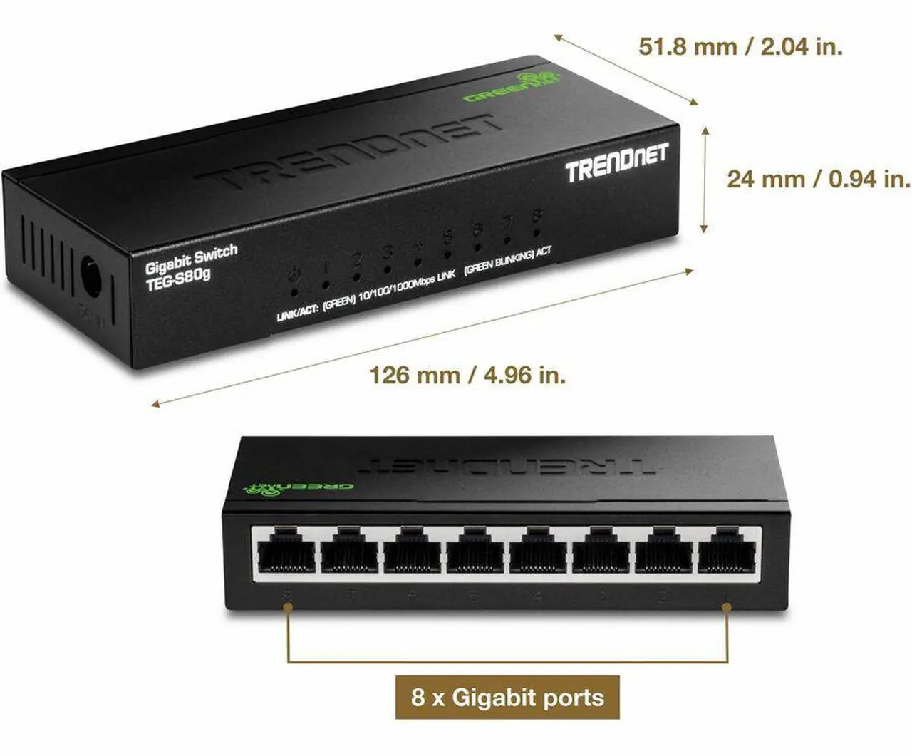 Alt view image 6 of 6 - TRENDnet 8-Port Unmanaged Gigabit GREENnet Desktop Metal Switch, Fanless, 16Gbps Switching Capacity, Plug & Play, Network Ethernet Switch, Lifetime Protection, Black, TEG-S80G