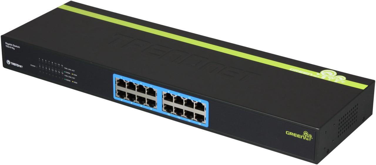 TRENDnet 16-Port Unmanaged Gigabit GREENnet Switch, 16 x RJ-45 Ports, 32Gbps Switching Capacity, Fanless, Rack Mountable, Network Ethernet Switch, Lifetime Protection, Black, TEG-S16G