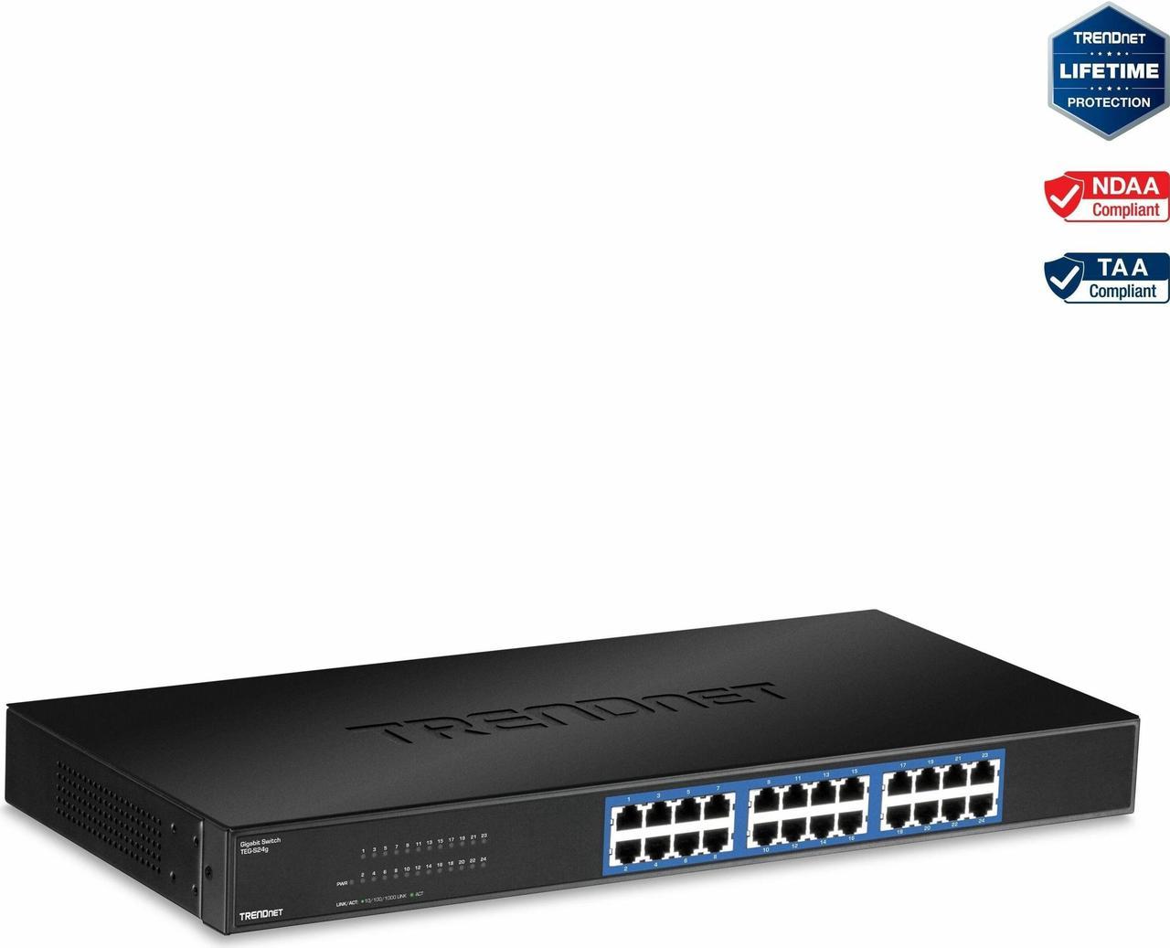 TRENDnet 24-Port Unmanaged Gigabit 10/100/1000 Mbps GREENnet Switch, 24 x Gigabit RJ-45 Ports, 48 Gbps Switch Fabric, Fanless, Metal Housing, Rack Mountable, Lifetime Protection, Black, TEG-S24G