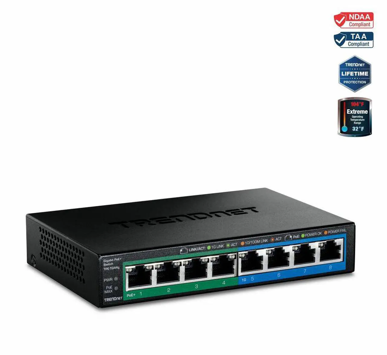 Main image of TRENDnet 8-Port Gigabit GREENnet PoE+ Switch, 4 x Gigabit PoE-PoE+ Ports, 4 x Gigabit Ports, 61W Power Budget, 16 Gbps Switch Capacity, Ethernet Unmanaged Switch, Black, TPE-TG44G