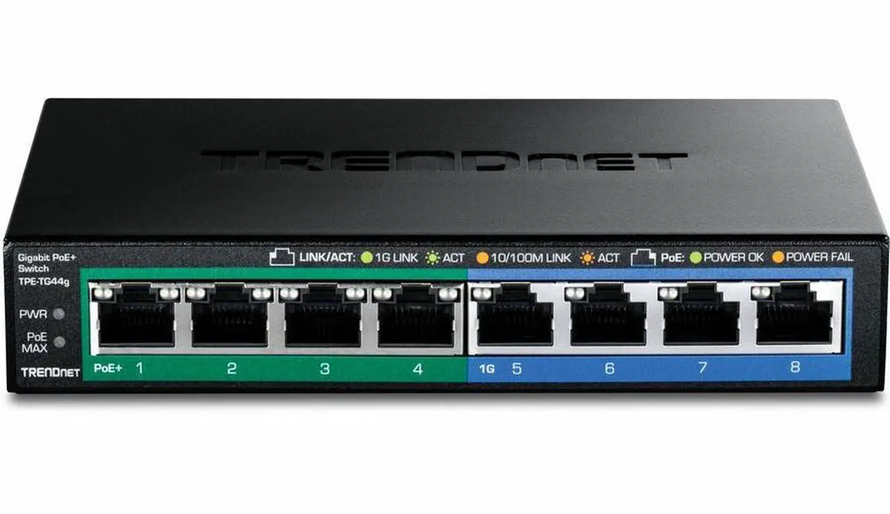 Alt view image 2 of 5 - TRENDnet 8-Port Gigabit GREENnet PoE+ Switch, 4 x Gigabit PoE-PoE+ Ports, 4 x Gigabit Ports, 61W Power Budget, 16 Gbps Switch Capacity, Ethernet Unmanaged Switch, Black, TPE-TG44G