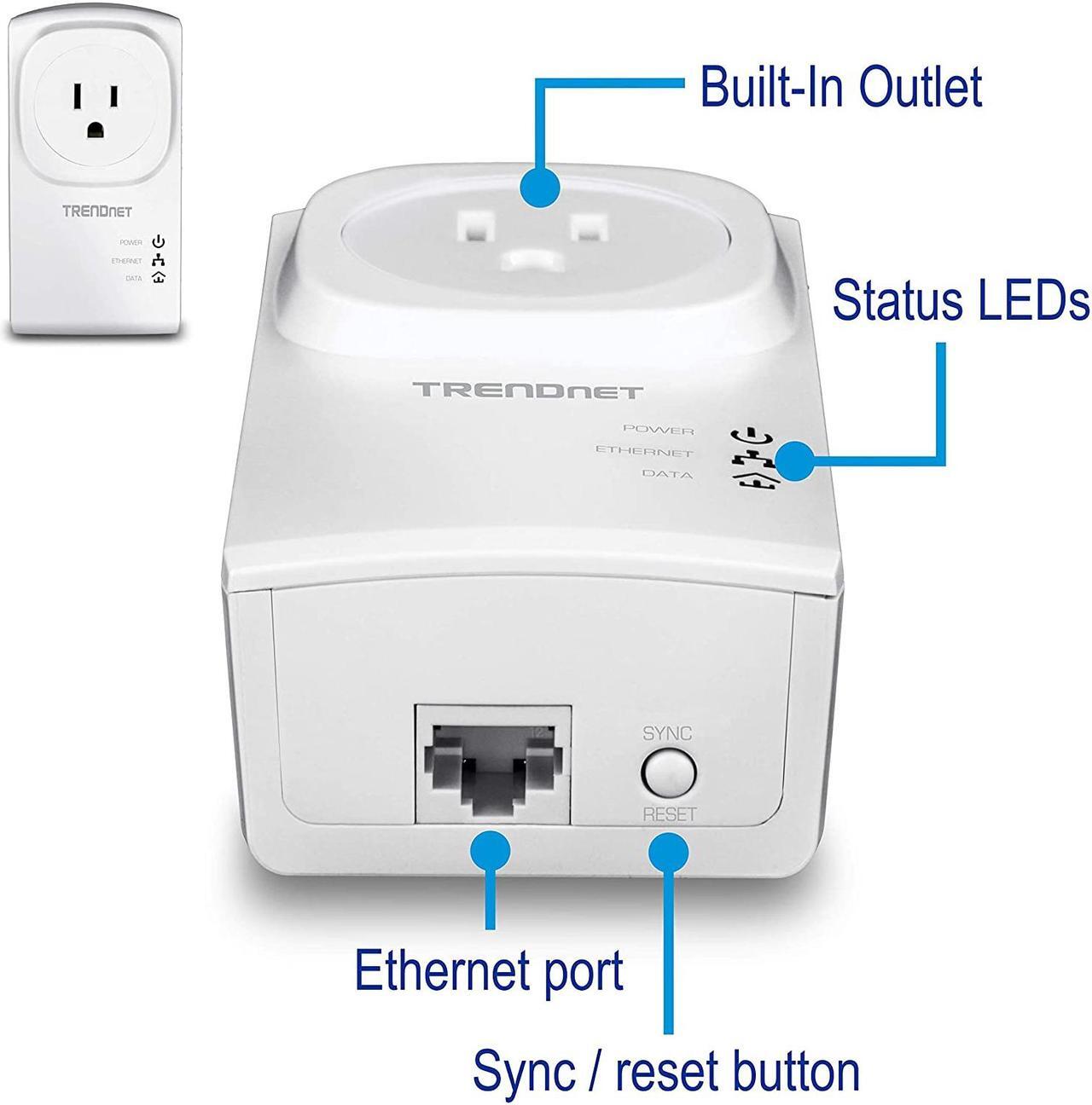 Alt view image 3 of 9 - TRENDnet Powerline 500 AV Nano Adapter Kit With Built-In Outlet, Power Outlet Pass-Through, Includes 2 x TPL-407E Adapters, Plug & Play, Ideal For Smart TVs, Gaming, White, TPL-407E2K