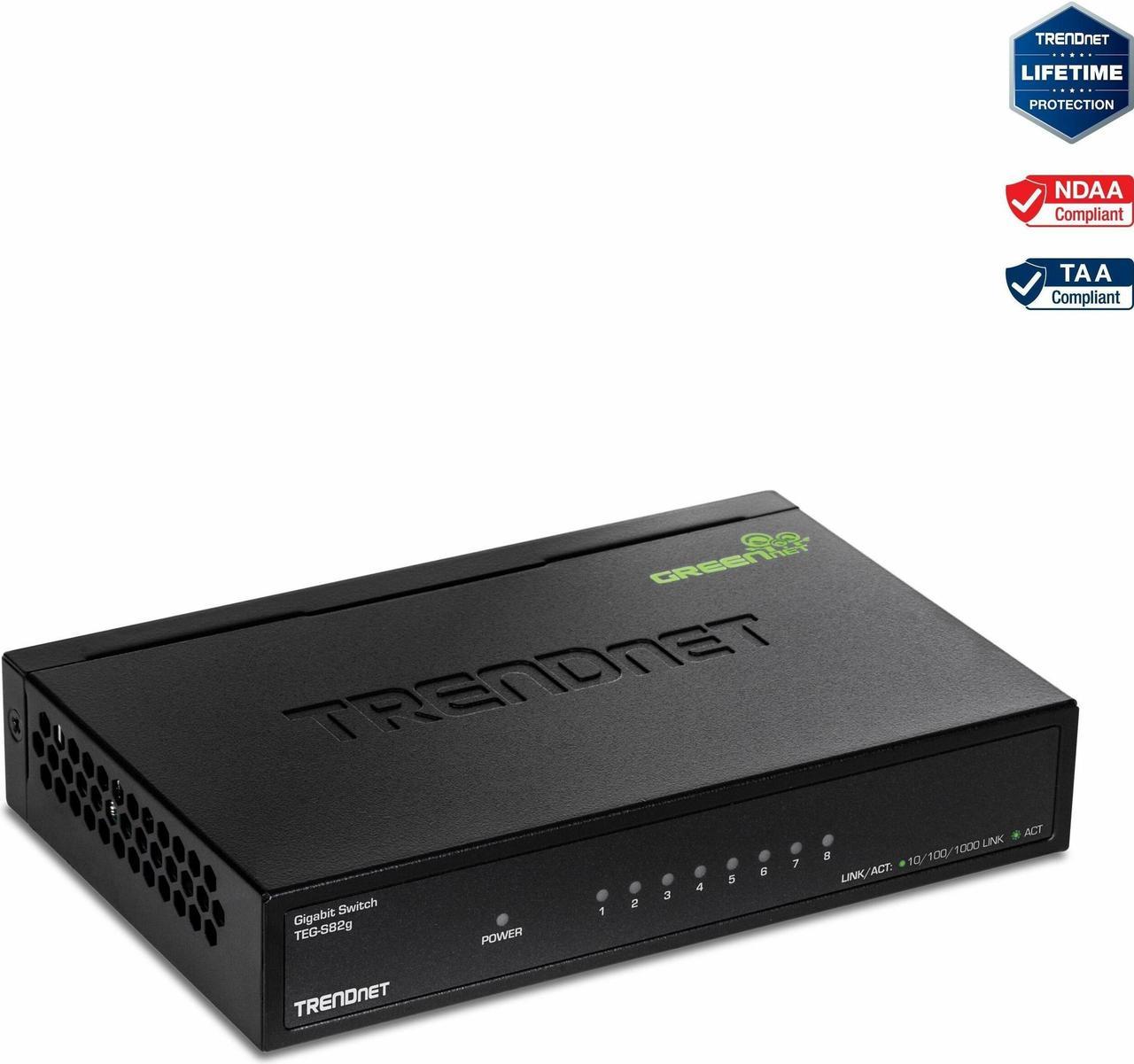 TRENDnet 8-Port Gigabit GREENnet Switch, Ethernet Network Switch, 8 x 10-100-1000 Mbps Gigabit Ethernet Ports, 16 Gbps Switching Capacity, Metal, Lifetime Protection, Black, TEG-S82G