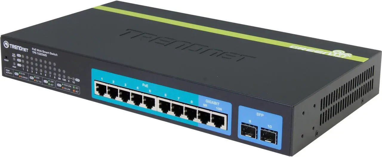 Main image of TRENDnet 10-Port Gigabit Web Smart PoE+ Switch, 8 x PoE+ Gigabit Ports, 2 x Gigabit Ethernet Ports, 2 x Shared SFP Slots, 75W Total Power Budget, Rack Mountable, Black, TPE-1020WS