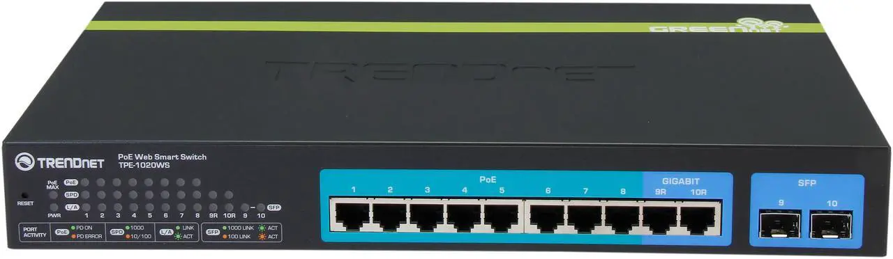 Alt view image 3 of 5 - TRENDnet 10-Port Gigabit Web Smart PoE+ Switch, 8 x PoE+ Gigabit Ports, 2 x Gigabit Ethernet Ports, 2 x Shared SFP Slots, 75W Total Power Budget, Rack Mountable, Black, TPE-1020WS