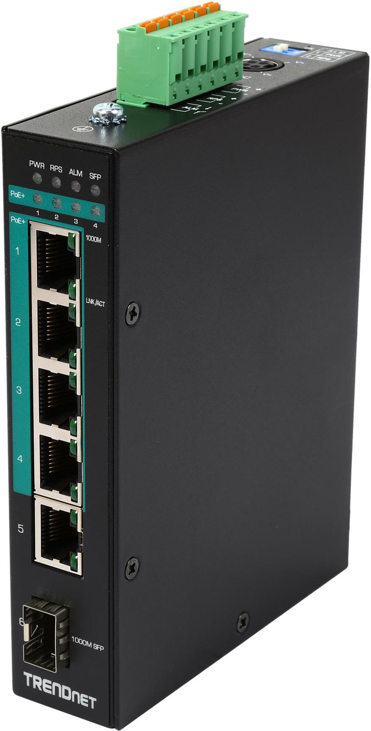Main image of TRENDnet 5-Port Hardened Industrial Gigabit PoE+ DIN-Rail Switch, 120W Power Budget, 1 x SFP Slot, IP30 Rated, Unmanaged Switch, Gigabit PoE+ Network Switch, Lifetime Protection, Black, TI-PG541
