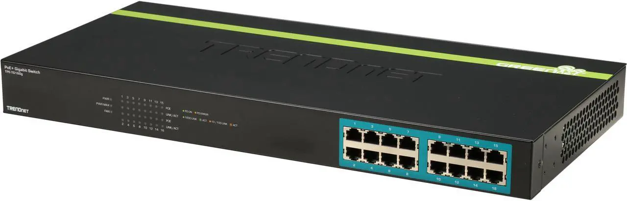 Main image of TRENDnet 16-Port Gigabit PoE+ Switch, 16 x Gigabit PoE+ Ports, 246W PoE Power Budget, 32 Gbps Switching Capacity, Desktop Switch, Ethernet Network Switch, Metal, Lifetime Protection, Black, TPE-TG160g