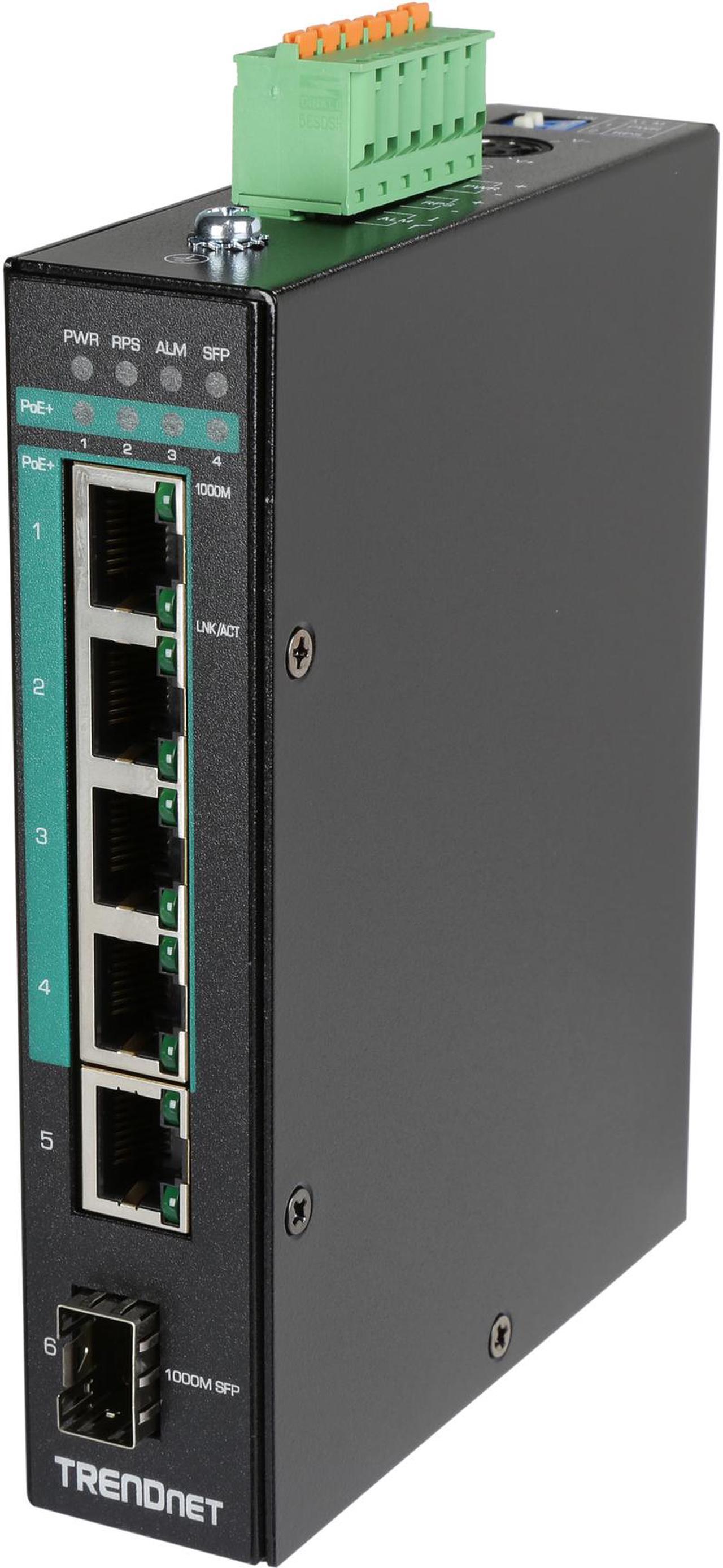 TRENDnet 6-Port Hardened Industrial Gigabit Poe+ Layer 2 Managed DIN-Rail Switch, 4 x Gigabit PoE+ 802.3at Ports, 1 x Gigabit Port, 1 x Gigabit SFP Slot, 120W Power Budget, Black, TI-PG541i