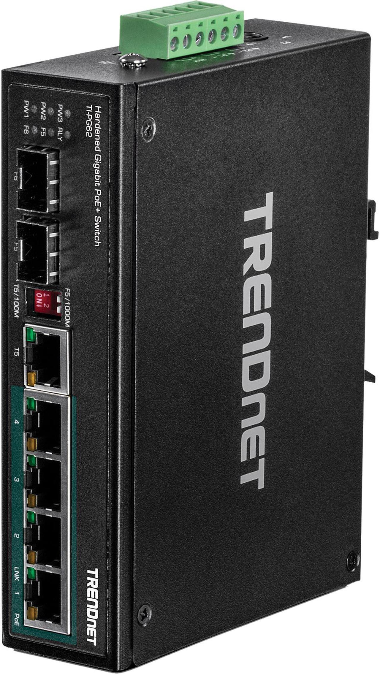 Main image of TRENDnet 6-Port Hardened Industrial Gigabit PoE+ DIN-Rail Switch, 4 x Gigabit PoE+ Ports, Shared Gigabit Port (RJ-45/SFP), Dedicated SFP, 120W Power Budget, IP30, Black, TI-PG62