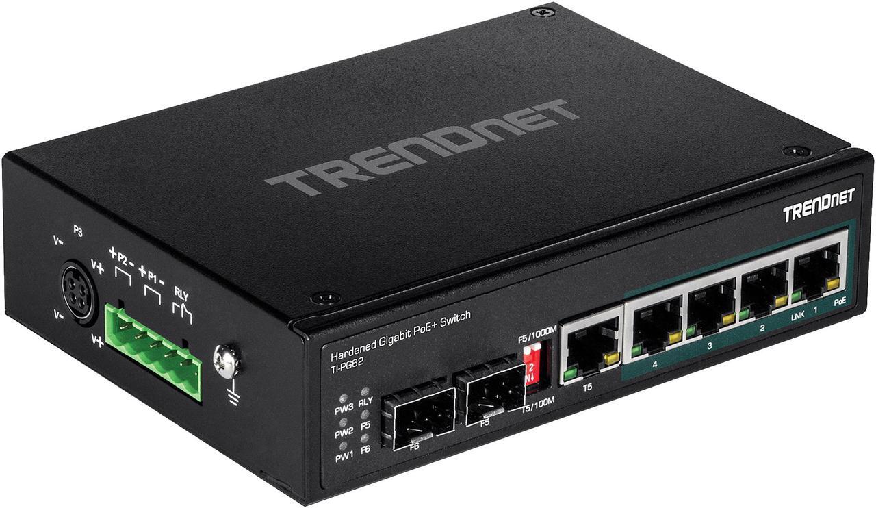 Alt view image 5 of 7 - TRENDnet 6-Port Hardened Industrial Gigabit PoE+ DIN-Rail Switch, 4 x Gigabit PoE+ Ports, Shared Gigabit Port (RJ-45/SFP), Dedicated SFP, 120W Power Budget, IP30, Black, TI-PG62
