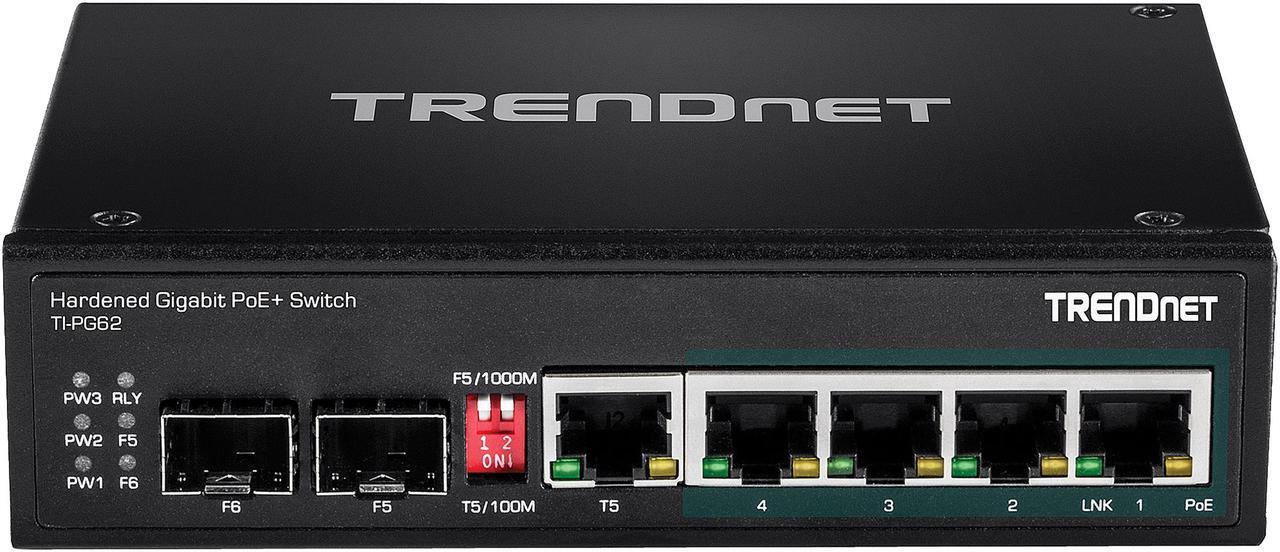 Alt view image 4 of 7 - TRENDnet 6-Port Hardened Industrial Gigabit PoE+ DIN-Rail Switch, 4 x Gigabit PoE+ Ports, Shared Gigabit Port (RJ-45/SFP), Dedicated SFP, 120W Power Budget, IP30, Black, TI-PG62