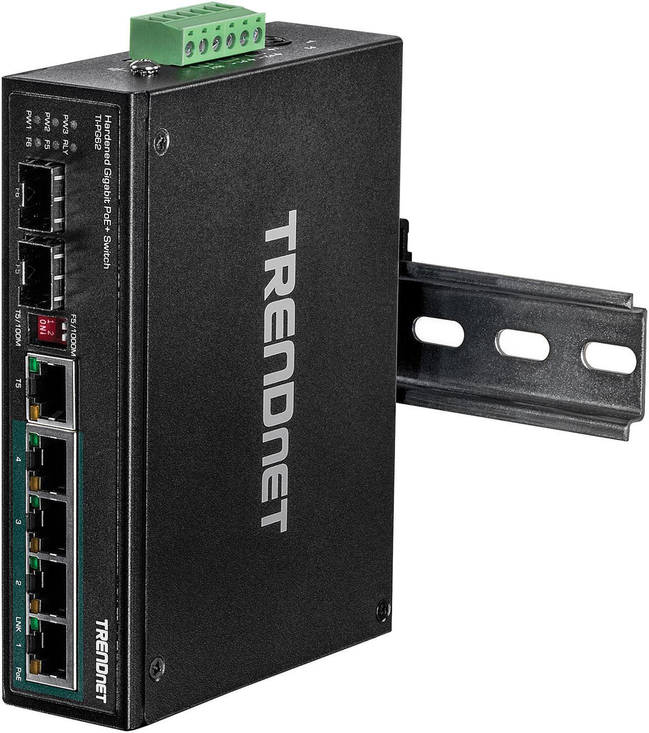 Alt view image 3 of 7 - TRENDnet 6-Port Hardened Industrial Gigabit PoE+ DIN-Rail Switch, 4 x Gigabit PoE+ Ports, Shared Gigabit Port (RJ-45/SFP), Dedicated SFP, 120W Power Budget, IP30, Black, TI-PG62
