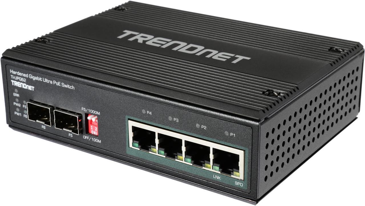 TRENDnet 6-Port Hardened Industrial Gigabit 10/100/1000 Mbps Ultra PoE DIN-Rail Switch, UPoE, IP30, DIN-Rail & Wall Mounts Included, TI-UPG62