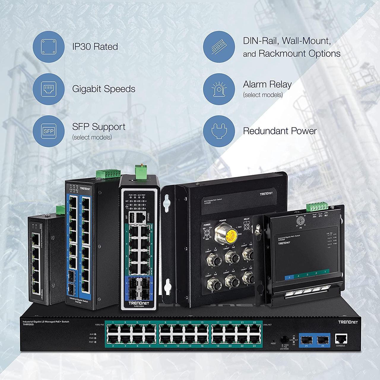 Alt view image 7 of 7 - TRENDnet 6-Port Industrial Gigabit PoE+ DIN-Rail Switch, 12-56V, Alarm Relay, 2 Dedicated SFP Slots, IP30 Rated Housing, Lifetime Protection, TI-PG62B