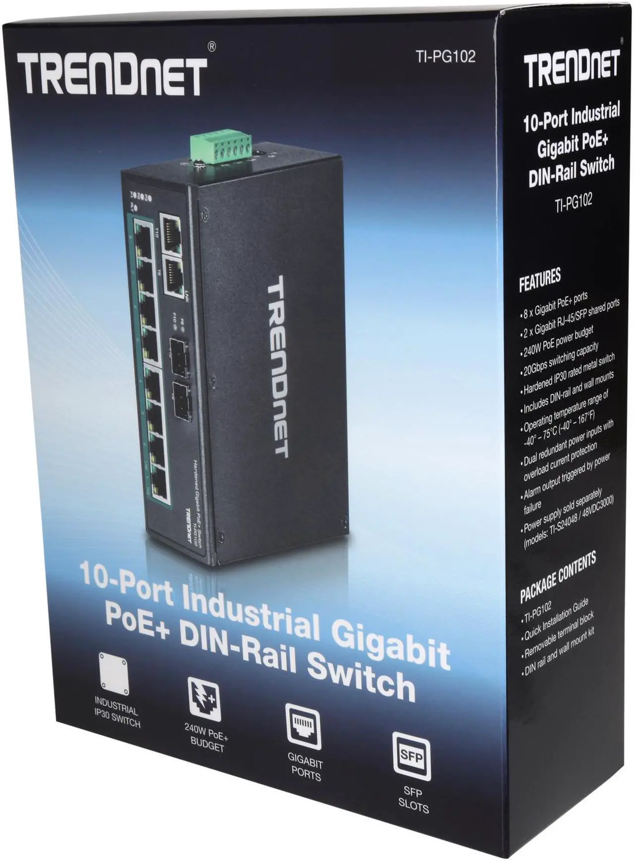 Alt view image 7 of 7 - TRENDnet 10-Port Industrial Gigabit PoE+ DIN-Rail Switch, 8 x Gigabit PoE+ Ports, DIN-Rail Mount, 2 x SFP Slots, 240W PoE Power Budget, Network Switch, IP30, QoS, Black, TI-PG102