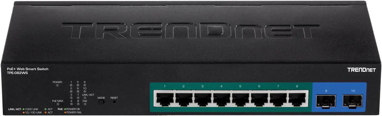 Alt view image 2 of 2 - TRENDnet TPE-082WS 10-Port Gigabit Web Smart PoE+ Switch