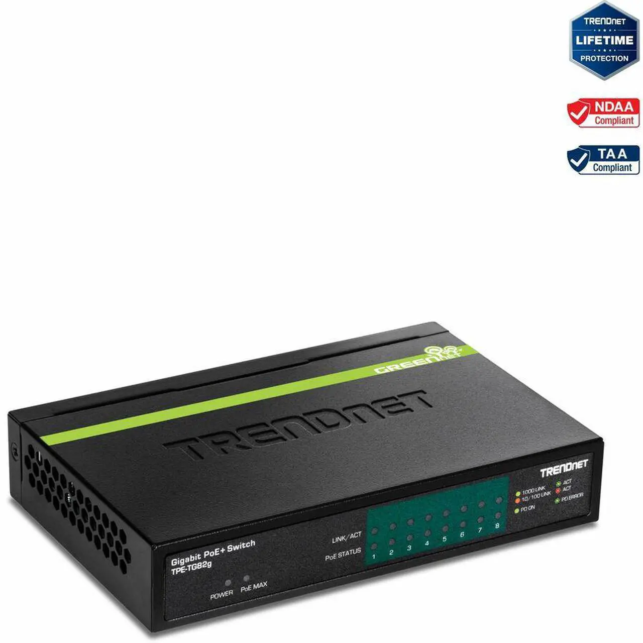Main image of TRENDnet 8-Port GREENnet Gigabit PoE+ Switch, Supports PoE And PoE+ Devices, 61W PoE Budget, 16Gbps Switching Capacity, Data & Power Via Ethernet To PoE Access Points & IP Cameras, Black, TPE-TG82G