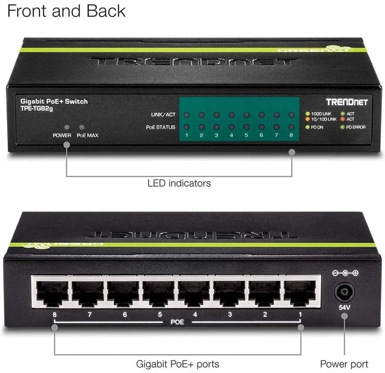 Alt view image 9 of 11 - TRENDnet 8-Port GREENnet Gigabit PoE+ Switch, Supports PoE And PoE+ Devices, 61W PoE Budget, 16Gbps Switching Capacity, Data & Power Via Ethernet To PoE Access Points & IP Cameras, Black, TPE-TG82G