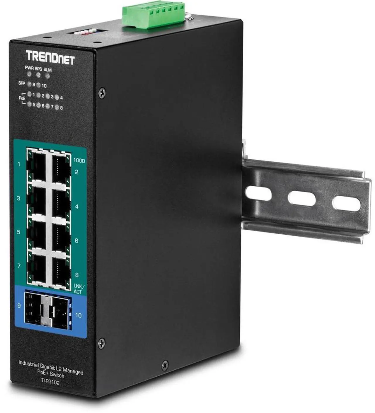 Alt view image 4 of 13 - TRENDnet 10-Port Industrial Gigabit L2 Managed PoE+ DIN-Rail Switch, 8 x Gigabit PoE+ Ports, DIN-Rail Mount, 2 x SFP Slots, 24-57V DC Power Input, IP30, VLAN, Black, TI-PG102i