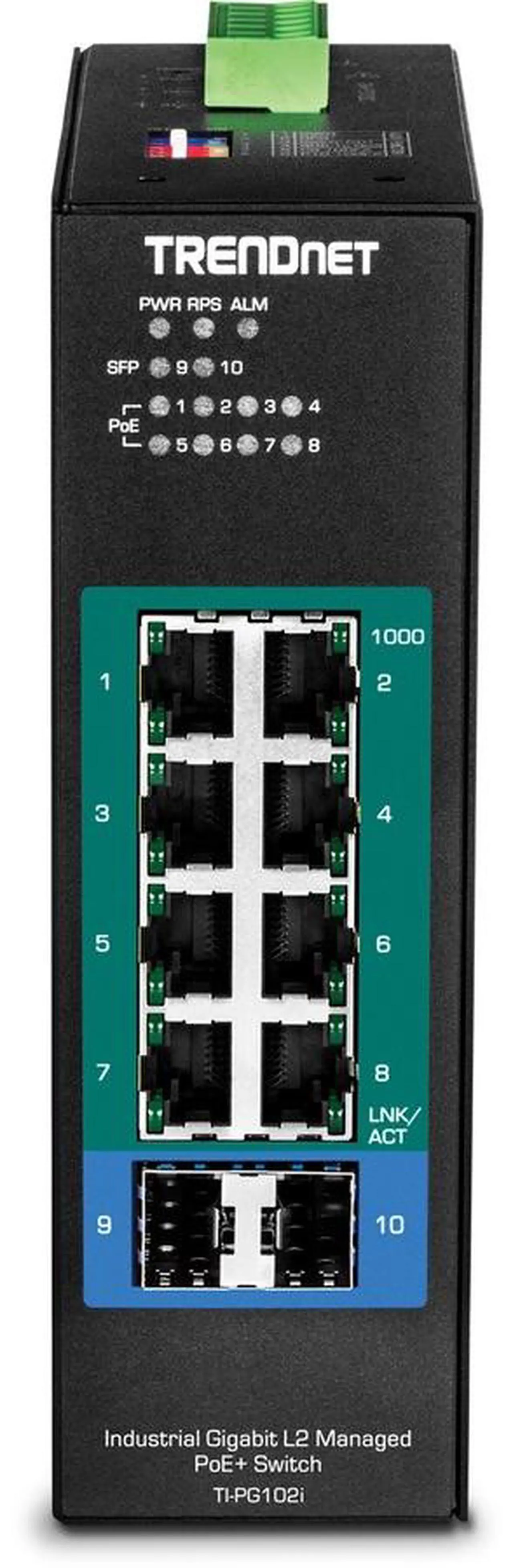 Alt view image 5 of 13 - TRENDnet 10-Port Industrial Gigabit L2 Managed PoE+ DIN-Rail Switch, 8 x Gigabit PoE+ Ports, DIN-Rail Mount, 2 x SFP Slots, 24-57V DC Power Input, IP30, VLAN, Black, TI-PG102i