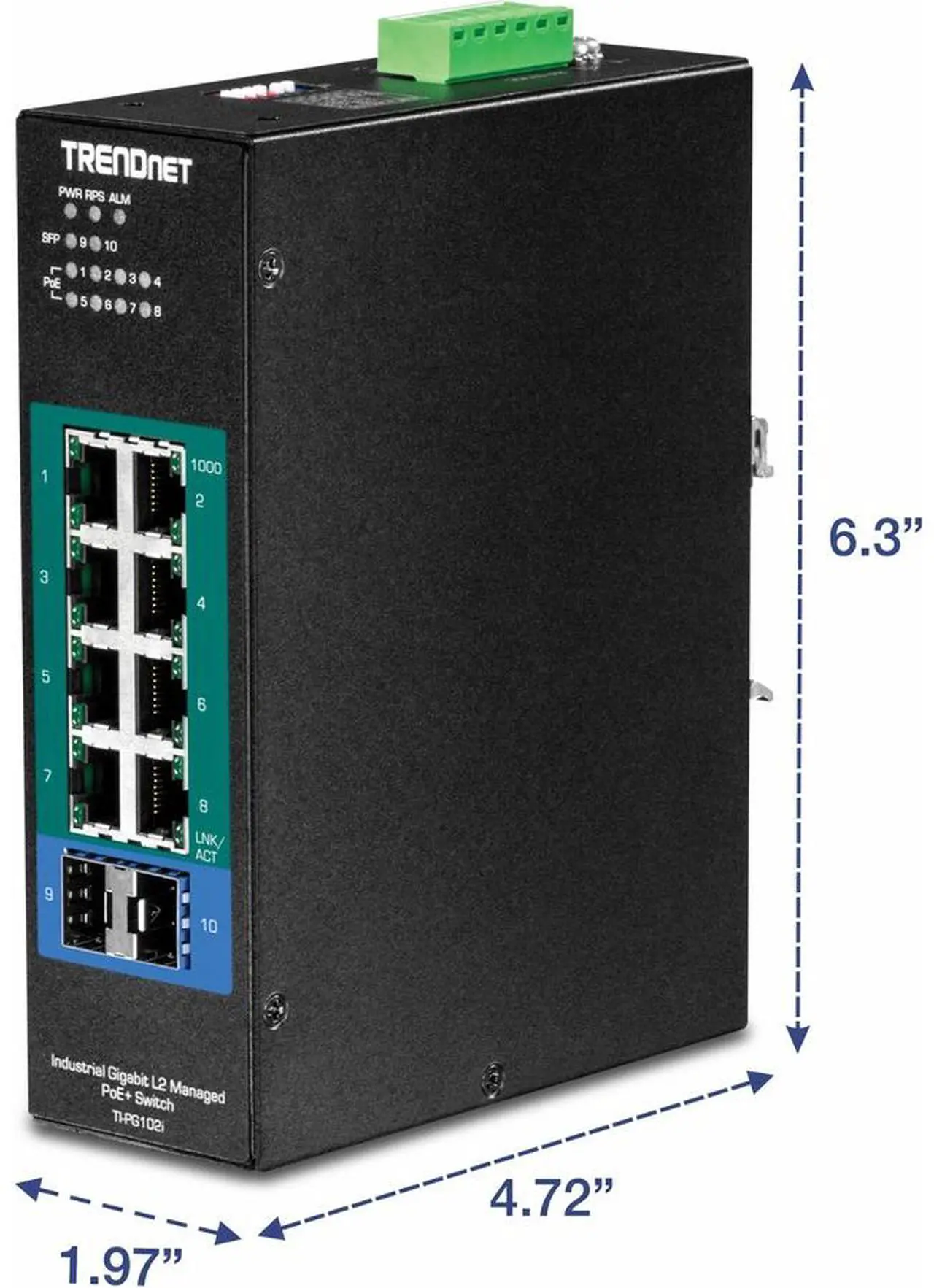 Alt view image 7 of 13 - TRENDnet 10-Port Industrial Gigabit L2 Managed PoE+ DIN-Rail Switch, 8 x Gigabit PoE+ Ports, DIN-Rail Mount, 2 x SFP Slots, 24-57V DC Power Input, IP30, VLAN, Black, TI-PG102i