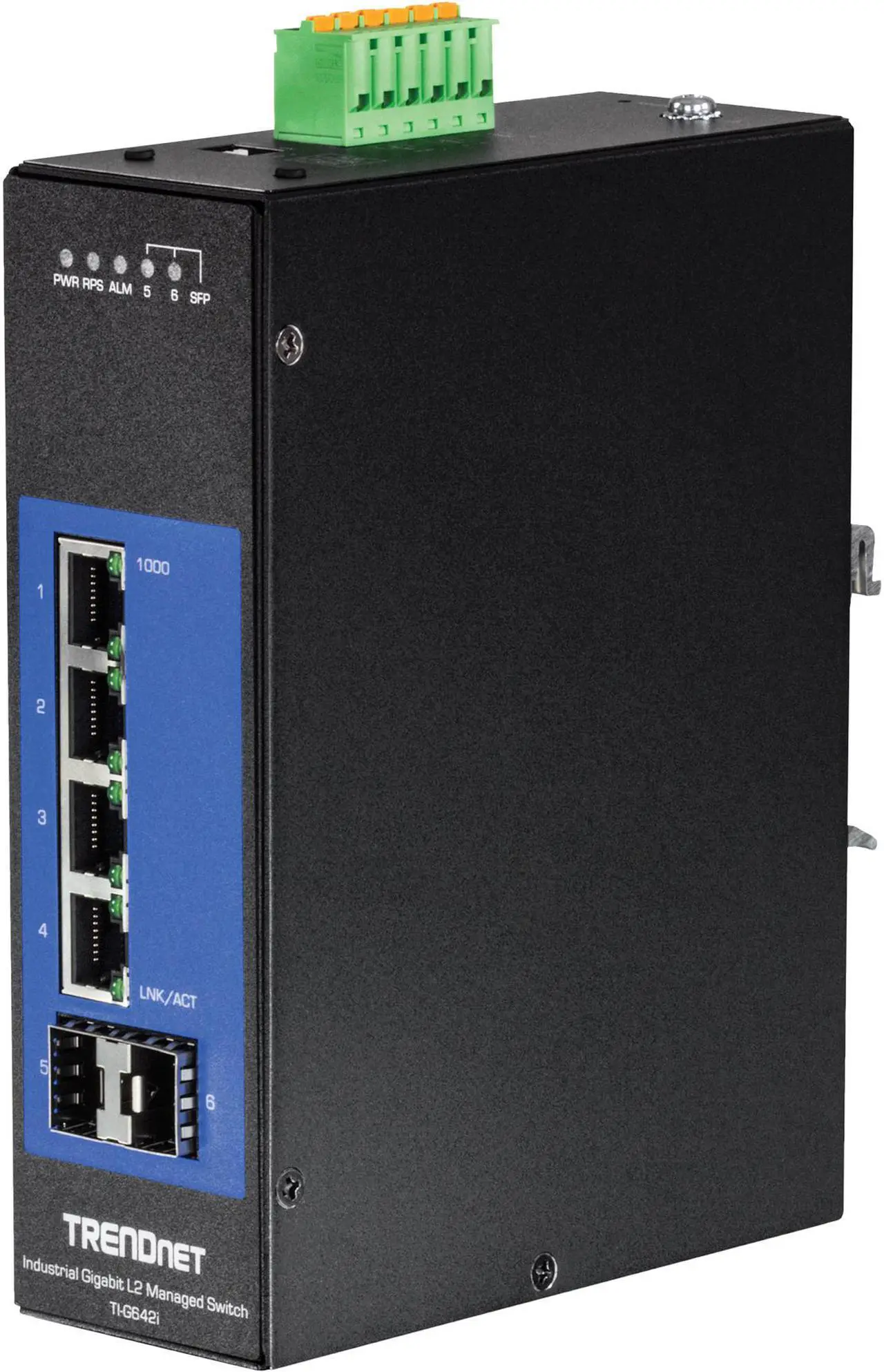 Main image of TRENDnet, 6-Port Industrial Gigabit L2 Managed DIN-Rail Switch, 4 x Gigabit Ports, 2 x SFP Slots, DIN-Rail Mount, IP30, VLAN, QoS, LACP, STP/RSTP, Bandwidth management, TI-G642i