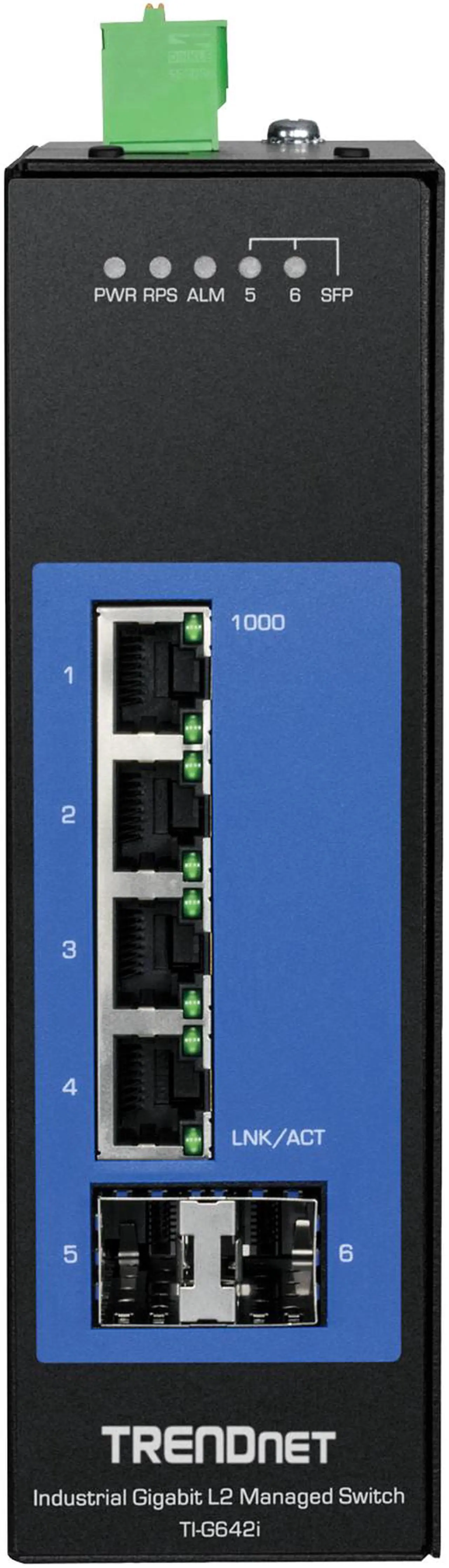 Alt view image 2 of 4 - TRENDnet, 6-Port Industrial Gigabit L2 Managed DIN-Rail Switch, 4 x Gigabit Ports, 2 x SFP Slots, DIN-Rail Mount, IP30, VLAN, QoS, LACP, STP/RSTP, Bandwidth management, TI-G642i