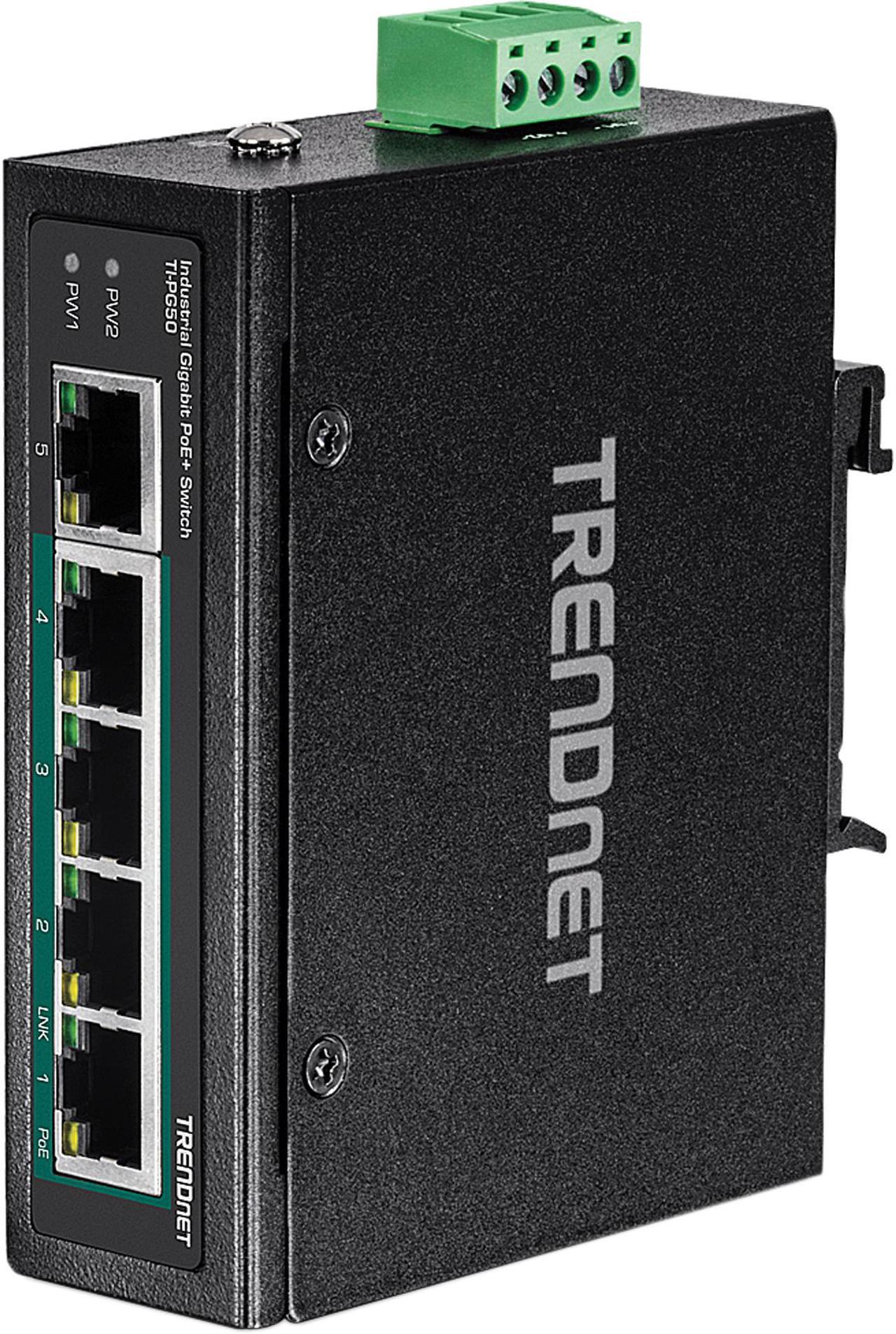 Main image of TRENDnet 5-Port Hardened Industrial Unmanaged Gigabit Switch, TI-PG50, 10/100/1000Mbps, DIN-Rail Switch, 4 x Gigabit PoE+ Ports, 1 x Gigabit Port, Gigabit Ethernet Network Switch