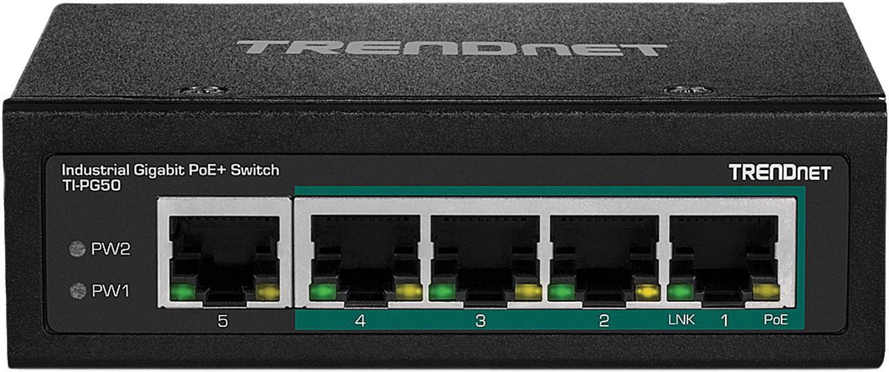 Alt view image 2 of 5 - TRENDnet 5-Port Hardened Industrial Unmanaged Gigabit Switch, TI-PG50, 10/100/1000Mbps, DIN-Rail Switch, 4 x Gigabit PoE+ Ports, 1 x Gigabit Port, Gigabit Ethernet Network Switch