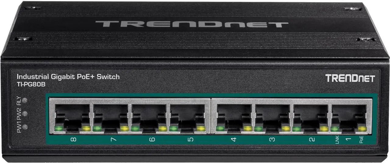 Main image of TRENDnet 8-Port Hardened Industrial Unmanaged Gigabit 10/100/1000Mbps DIN-Rail Switch w/ 8 x Gigabit PoE+ Ports, TI-PG80B, 24 - 56V DC Power inputs with Overload Protection