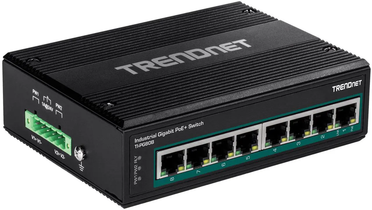 Alt view image 2 of 6 - TRENDnet 8-Port Hardened Industrial Unmanaged Gigabit 10/100/1000Mbps DIN-Rail Switch w/ 8 x Gigabit PoE+ Ports, TI-PG80B, 24 - 56V DC Power inputs with Overload Protection